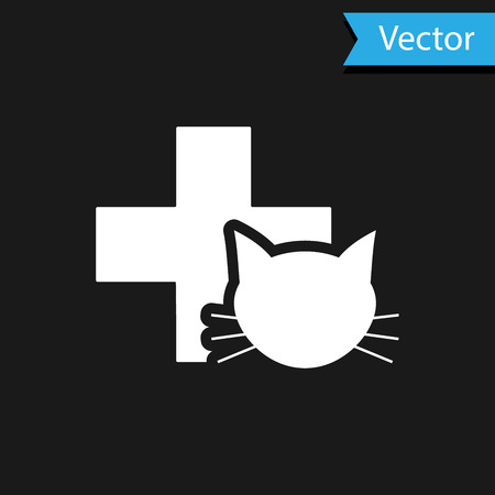 White Veterinary clinic symbol icon isolated on black background. Cross with cat veterinary care. Pet First Aid sign. Vector Illustrationのイラスト素材