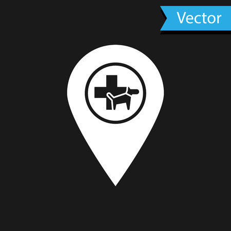 White Map pointer with veterinary medicine hospital, clinic or pet shop for animals icon isolated on black background. Vet or veterinarian clinic. Vector Illustrationのイラスト素材