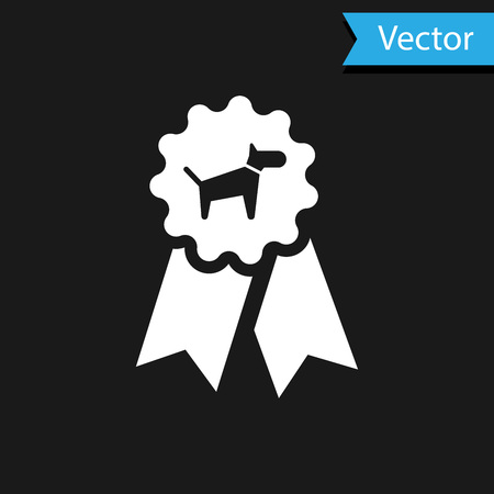 White Dog award symbol icon isolated on black background. Medal with dog footprint as pets exhibition winner concept. Vector Illustrationのイラスト素材