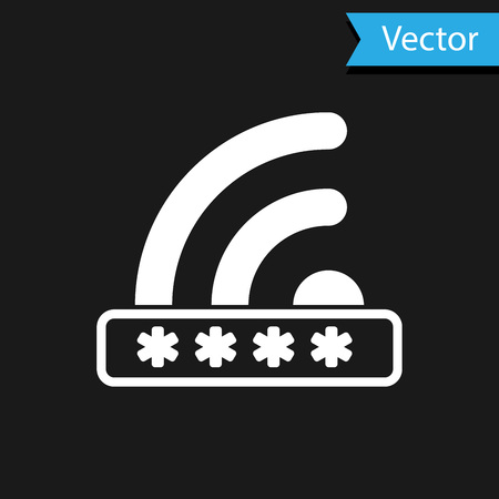 White Wifi locked sign icon isolated on black background. Password wifi symbol. Wireless Network icon. Wifi zone. Limited access. Vector Illustrationのイラスト素材
