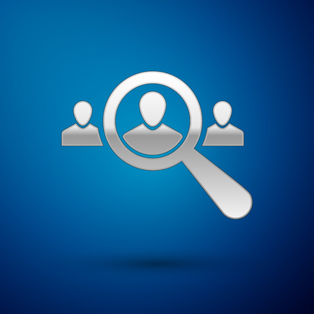 Silver Magnifying glass for search a people icon on blue background. Recruitment or selection concept. Search for employees and job, human resource. Vector Illustrationのイラスト素材
