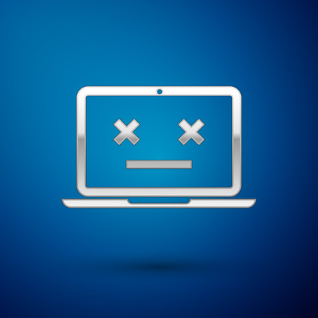 Silver Dead laptop icon isolated on blue background. 404 error like laptop with dead emoji. Fatal error in pc system. Vector Illustrationのイラスト素材