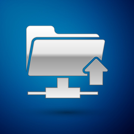 Silver FTP folder upload icon on blue background. Concept of software update, transfer protocol, router, teamwork tool management, copy process. Vector Illustrationのイラスト素材