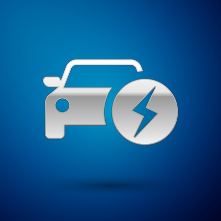 Silver Electric car and electrical cable plug charging icon isolated on blue background. Renewable eco technologies. Vector Illustrationのイラスト素材