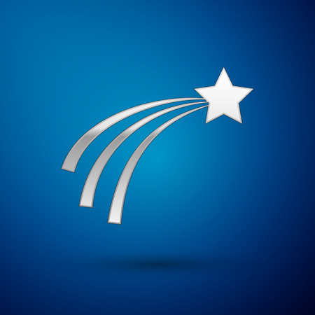 Silver Falling star icon isolated on blue background. Shooting star with star trail. Meteoroid, meteorite, comet, asteroid, star icon. Vector Illustrationのイラスト素材