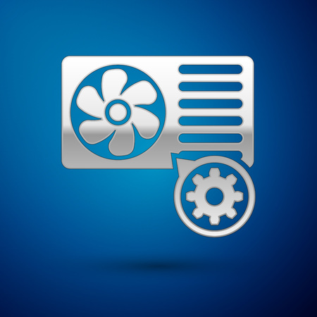 Silver Air conditioner and gear icon isolated on blue background. Adjusting app, service concept, setting options, maintenance, repair, fixing. Vector Illustrationのイラスト素材