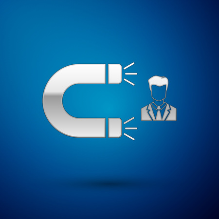 Silver Customer attracting icon isolated on blue background. Customer retention, support and service. Customer man attracting with magnet. Vector Illustrationのイラスト素材
