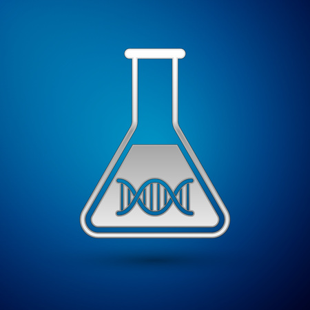Silver DNA research, search icon isolated on blue background. Genetic engineering, genetics testing, cloning, paternity testing. Vector Illustrationのイラスト素材