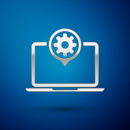 Silver Laptop and gear icon isolated on blue background. Laptop service concept. Adjusting app, setting options, maintenance, repair, fixing. Vector Illustrationのイラスト素材
