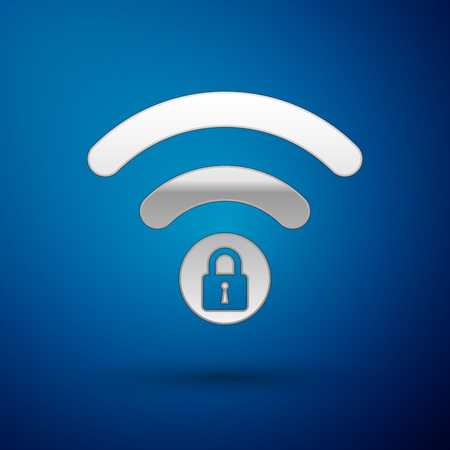Silver Wifi locked sign icon isolated on blue background. Password Wifi symbol. Wireless Network icon. Wifi zone. Vector Illustrationのイラスト素材
