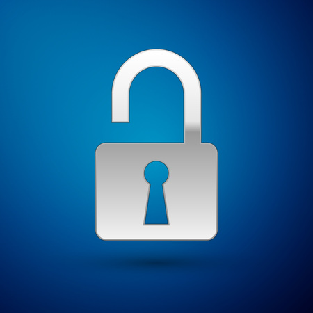 Silver Open padlock icon isolated on blue background. Opened lock sign. Cyber security concept. Digital data protection. Safety safety. Vector Illustrationのイラスト素材