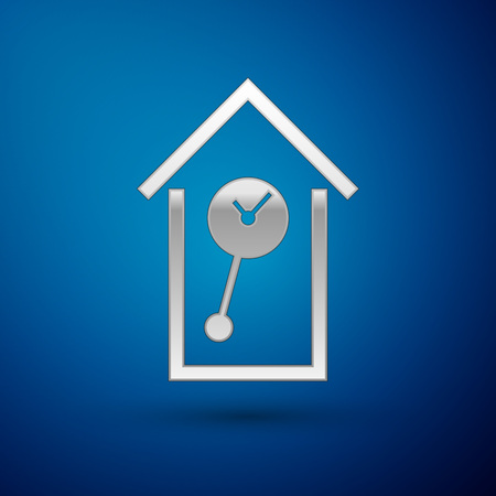 Silver Retro wall watch icon isolated on blue background. Cuckoo clock sign. Antique pendulum clock. Vector Illustrationのイラスト素材