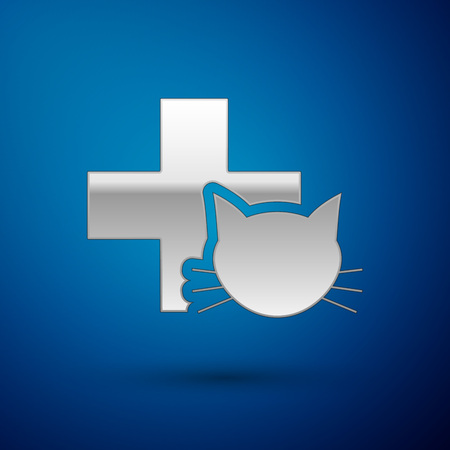 Silver Veterinary clinic symbol icon isolated on blue background. Cross with cat veterinary care. Pet First Aid sign. Vector Illustrationのイラスト素材