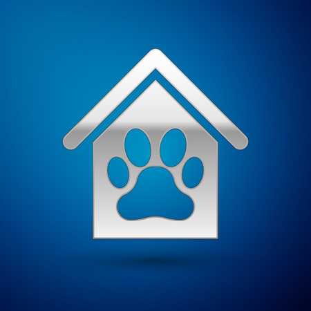 Silver Dog house and paw print pet icon isolated on blue background. Dog kennel. Vector Illustrationのイラスト素材