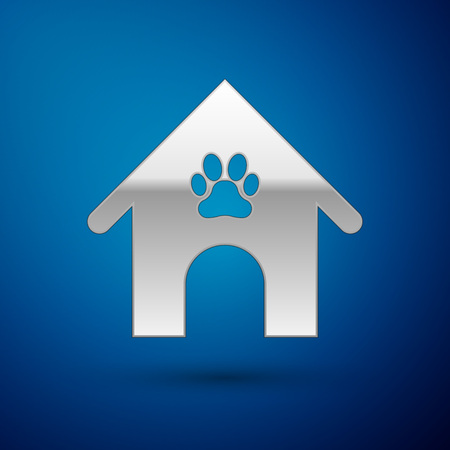 Silver Dog house and paw print pet icon isolated on blue background. Dog kennel. Vector Illustrationのイラスト素材