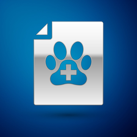 Silver Medical certificate for travel with dog or cat icon isolated on blue background. Document for pet. Dog or cat paw print. Vector Illustrationのイラスト素材