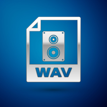 Silver WAV file document icon. Download wav button icon isolated on blue background. WAV waveform audio file format for digital audio riff files. Vector Illustrationのイラスト素材