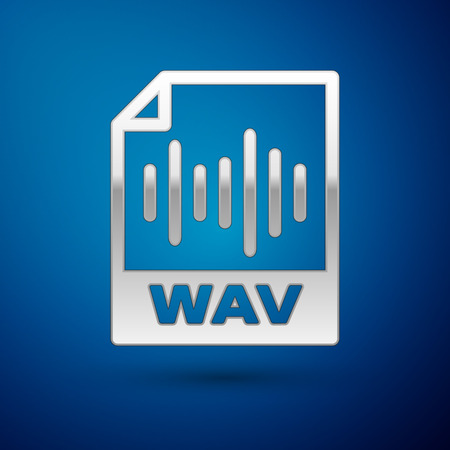 Silver WAV file document icon. Download wav button icon isolated on blue background. WAV waveform audio file format for digital audio riff files. Vector Illustrationのイラスト素材