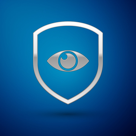 Silver Shield and eye icon isolated on blue background. Security, safety, protection, privacy concept. Vector Illustrationのイラスト素材