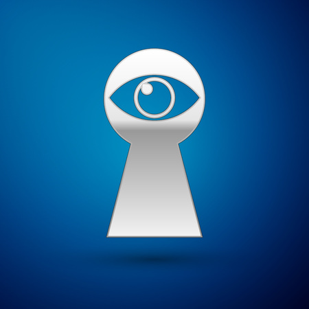 Silver Keyhole with eye icon isolated on blue background. The eye looks into the keyhole. Keyhole eye hole. Vector Illustrationのイラスト素材