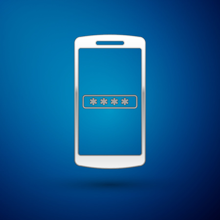 Silver Mobile phone and password protection icon isolated on blue background. Security, safety, personal access, user authorization, privacy. Vector Illustrationのイラスト素材