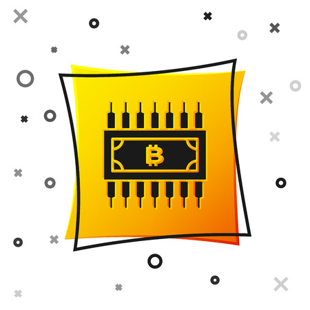 Black Cryptocurrency concept bitcoin in circle with microchip circuit icon isolated on white background. Blockchain technology, digital money market. Yellow square button. Vector Illustrationのイラスト素材