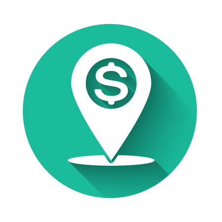 White Cash location pin icon isolated with long shadow. Pointer and dollar symbol. Money location icon. Business and investment concept. Green circle button. Vector Illustrationのイラスト素材