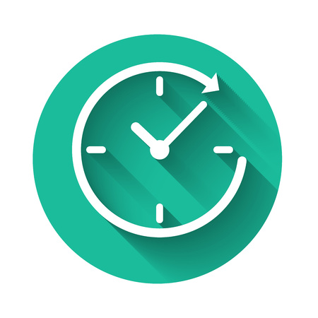 White Clock with arrow icon isolated with long shadow. Time symbol. Clockwise rotation icon arrow and time. Green circle button. Vector Illustrationのイラスト素材