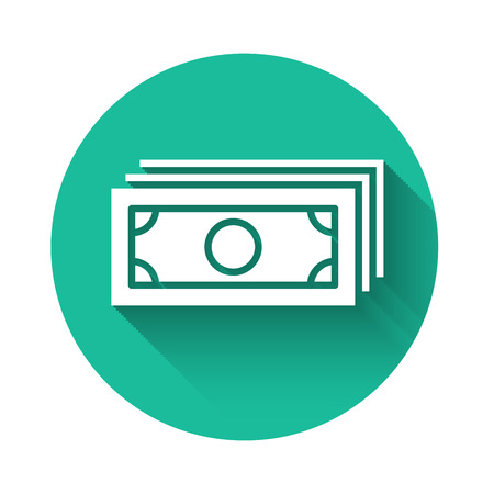 White Stacks paper money cash icon isolated with long shadow. Money banknotes stacks. Bill currency. Green circle button. Vector Illustrationのイラスト素材