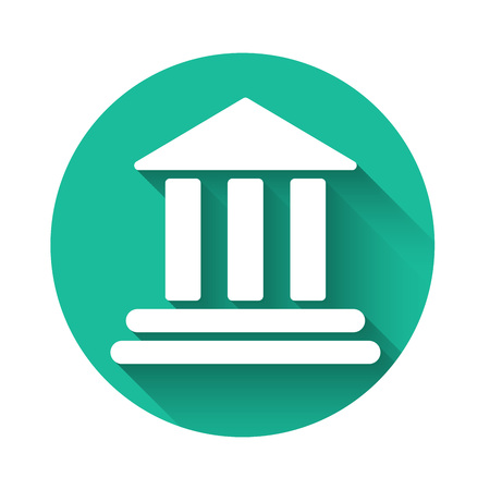 White Bank building icon isolated with long shadow. Green circle button. Vector Illustrationのイラスト素材
