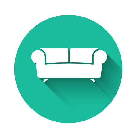 White Sofa icon isolated with long shadow. Green circle button. Vector Illustrationのイラスト素材