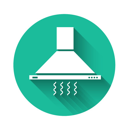 White Kitchen extractor fan icon isolated with long shadow. Cooker hood. Kitchen exhaust. Household appliance. Green circle button. Vector Illustrationのイラスト素材
