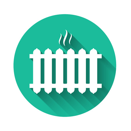 White Heating radiator icon isolated with long shadow. Green circle button. Vector Illustrationのイラスト素材