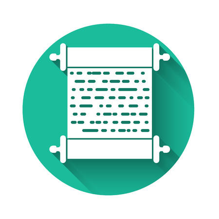 White Paper scroll icon isolated with long shadow. Canvas scroll sign. Green circle button. Vector Illustrationのイラスト素材