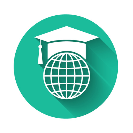 White Graduation cap on globe icon isolated with long shadow. World education symbol. Online learning or e-learning concept. Green circle button. Vector Illustrationのイラスト素材