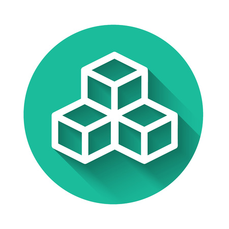 White Isometric cube icon isolated with long shadow. Geometric cubes solid icon. 3D square sign. Box symbol. Green circle button. Vector Illustrationのイラスト素材