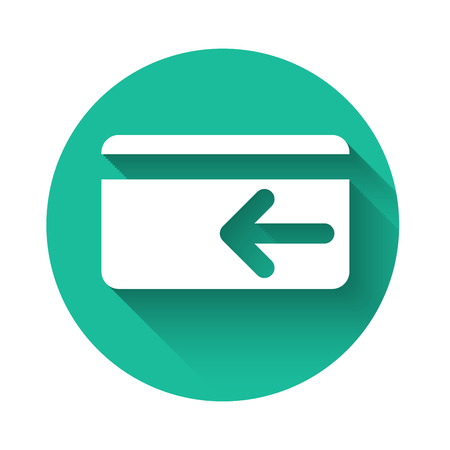 White Cash back icon isolated with long shadow. Credit card. Financial services, money refund, return on investment, savings account, currency exchange. Green circle button. Vector Illustrationのイラスト素材