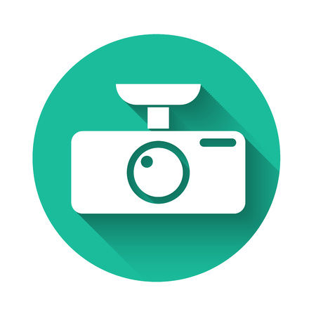 White Car DVR icon isolated with long shadow. Car digital video recorder icon. Green circle button. Vector Illustrationのイラスト素材