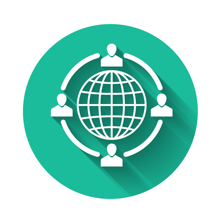 White Outsourcing concept icon isolated with long shadow. Cooperation sign. Idea of teamwork and investment. Green circle button. Vector Illustrationのイラスト素材
