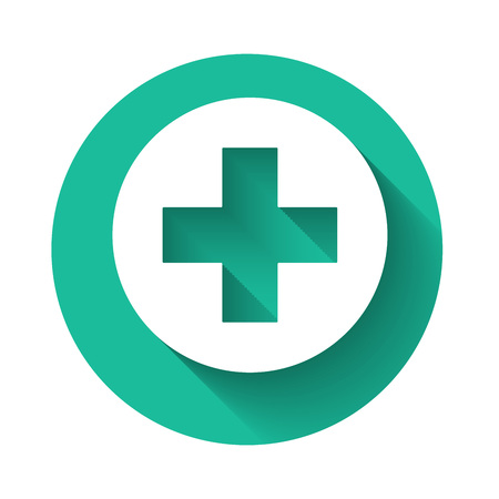 White Medical cross in circle icon isolated with long shadow. First aid medical symbol. Green circle button. Vector Illustrationのイラスト素材