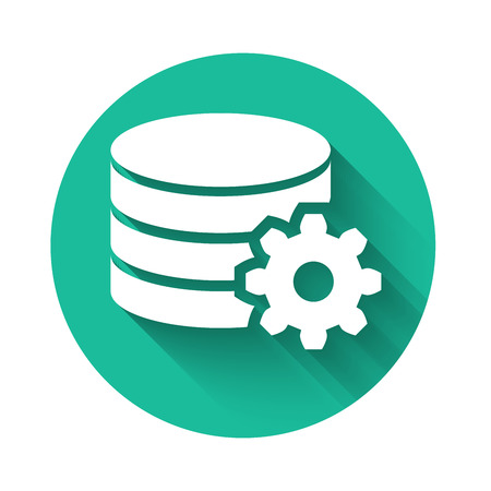 White Setting database server icon isolated with long shadow. Database Center. Green circle button. Vector Illustrationのイラスト素材