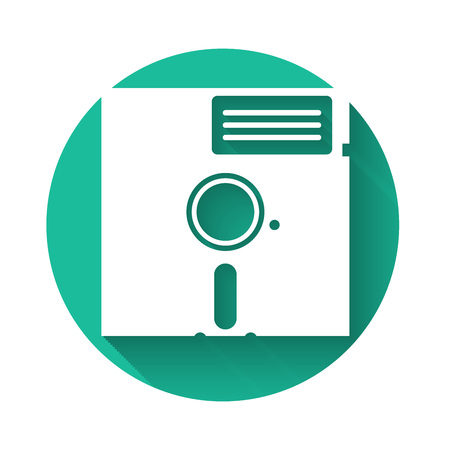 White Floppy disk in the 5.25-inch icon isolated with long shadow. Floppy disk for computer data storage. Diskette sign. Green circle button. Vector Illustrationのイラスト素材