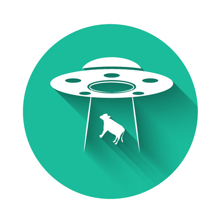 White UFO abducts cow icon isolated with long shadow. Flying saucer. Alien space ship. Futuristic unknown flying object. Green circle button. Vector Illustrationのイラスト素材