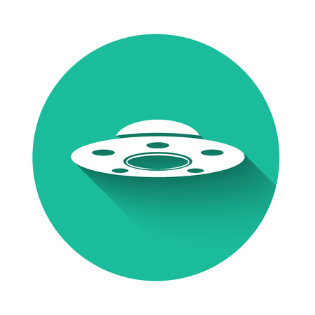 White UFO flying spaceship icon isolated with long shadow. Flying saucer. Alien space ship. Futuristic unknown flying object. Green circle button. Vector Illustrationのイラスト素材