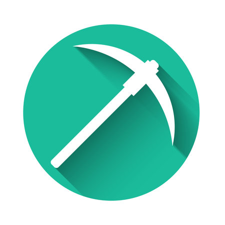 White Pickaxe icon isolated with long shadow. Blockchain technology, cryptocurrency mining, bitcoin,...