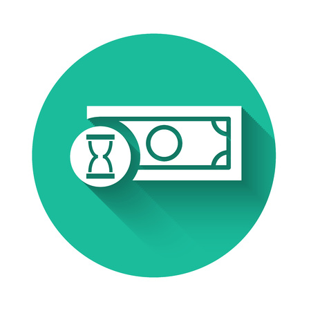 White Fast payments icon isolated with long shadow. Fast money transfer payment. Financial services, fast loan, time is money, cash back concept. Green circle button. Vector Illustrationのイラスト素材