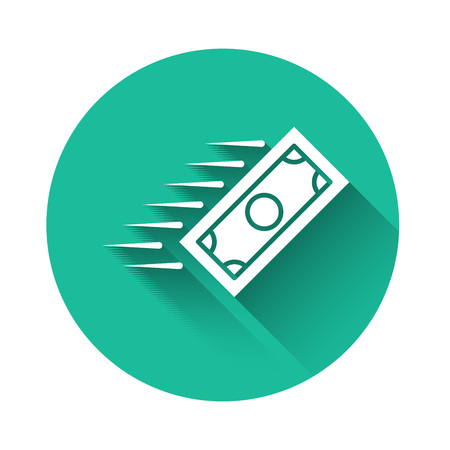 White Fast payments icon isolated with long shadow. Fast money transfer payment. Financial services, fast loan, time is money, cash back concept. Green circle button. Vector Illustrationのイラスト素材