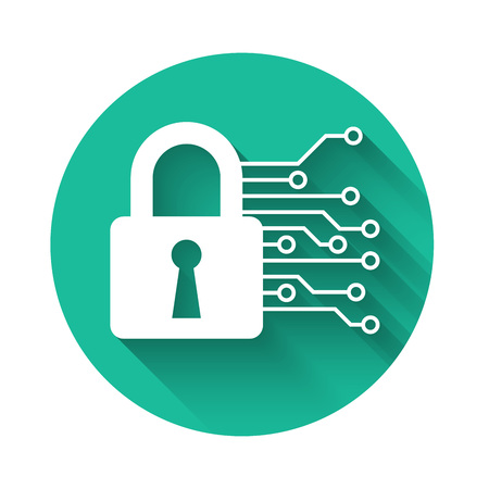 White Cyber security icon isolated with long shadow. Closed padlock on digital circuit board. Safety concept. Digital data protection. Green circle button. Vector Illustrationのイラスト素材