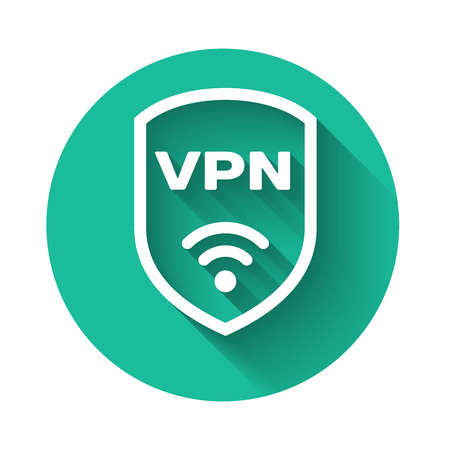 White Shield with VPN and wifi wireless internet network symbol icon isolated with long shadow. VPN protect safety concept. Green circle button. Vector Illustrationのイラスト素材