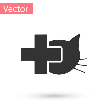 Grey Veterinary clinic symbol icon isolated on white background. Cross with cat veterinary care. Pet First Aid sign. Vector Illustrationのイラスト素材